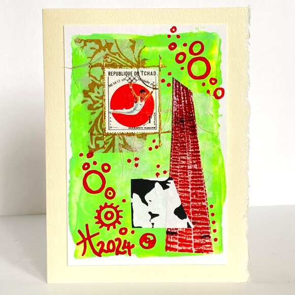 Collage Art Handmade Original Blank Greeting Card and Envelope Vtg Chad Stamp - Picture 2 of 5